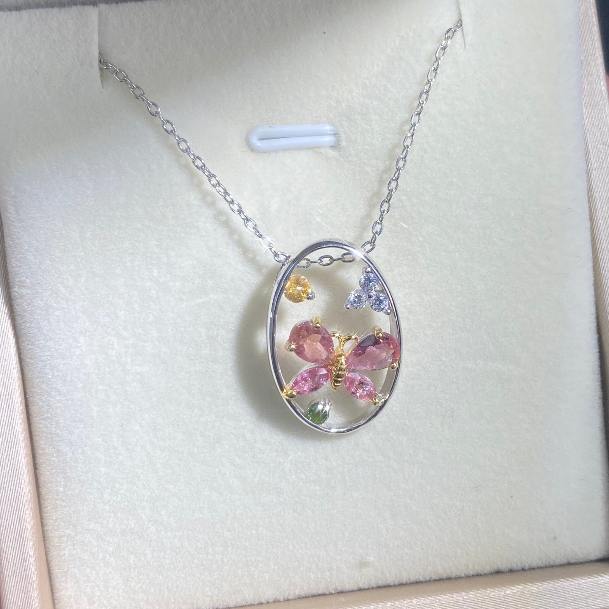 S925 Sterling Silver Natural Tourmaline Butterfly Necklace.