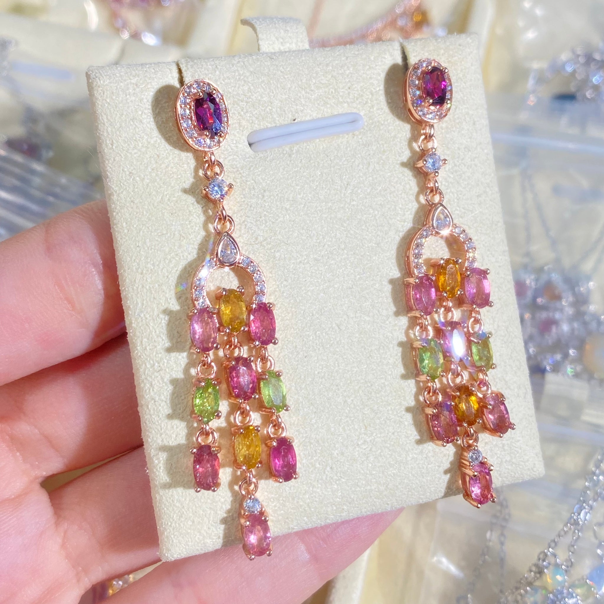 S925 Sterling Silver Natural Tourmaline Purple Garnet Long Earrings.