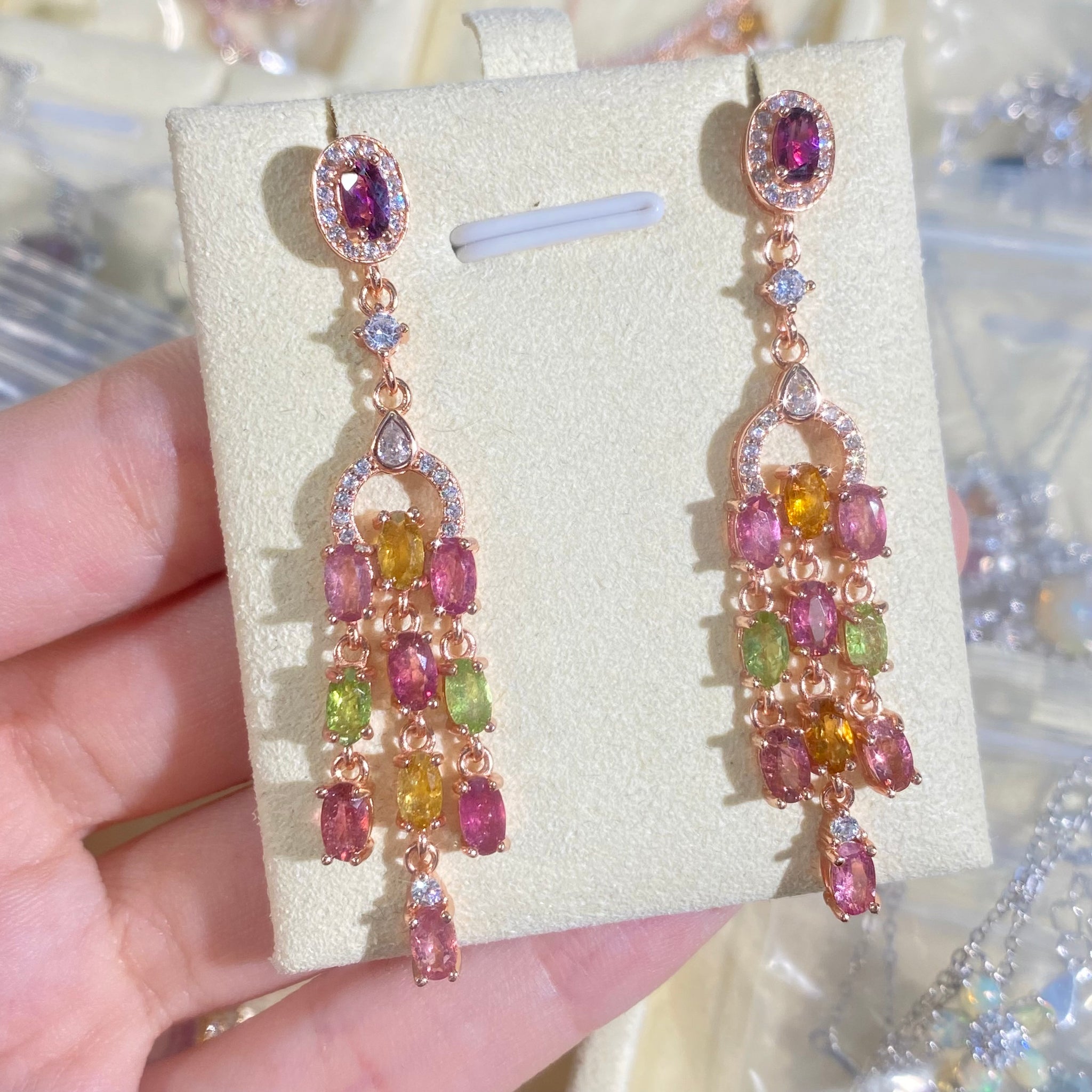 S925 Sterling Silver Natural Tourmaline Purple Garnet Long Earrings.