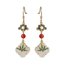 Natural Cloisonné White Jade Clover Ring Earrings Pendant Set.