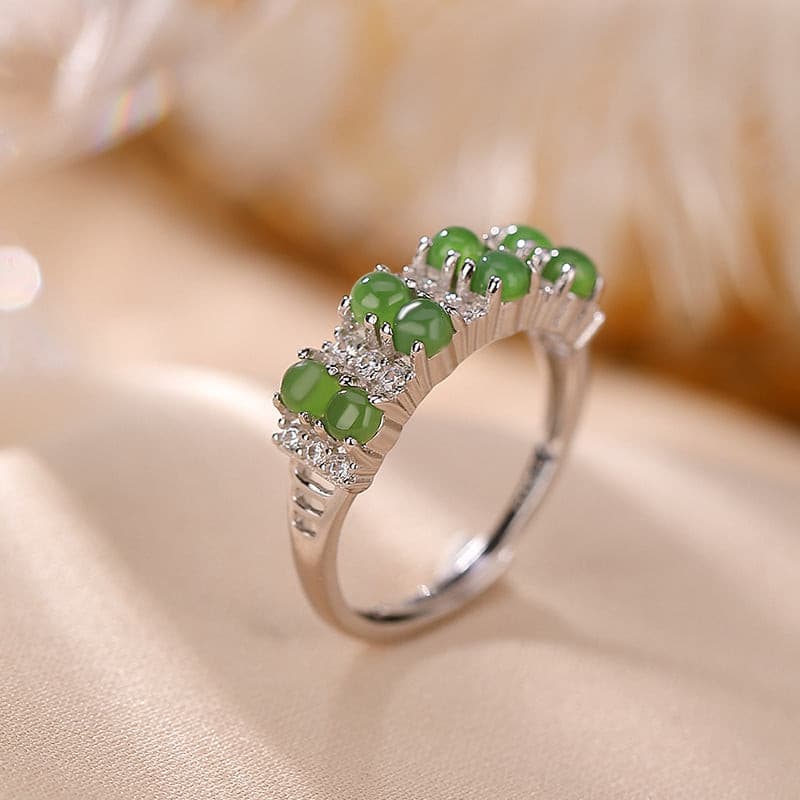 Natural Green Jade Double Row Adjustable Ring.