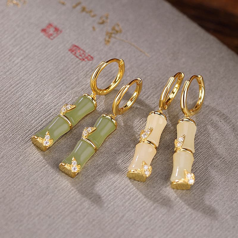 Natural White Jade Light Green Jade Bamboo Earrings.