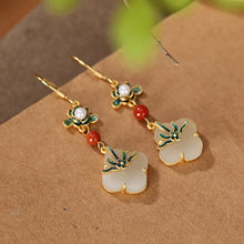 Natural Cloisonné White Jade Clover Ring Earrings Pendant Set.