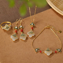 Natural Cloisonné White Jade Clover Ring Earrings Pendant Set.