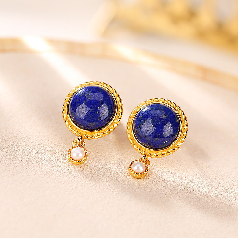 Natural Lapis Lazuli Dangle Pearl Earrings.